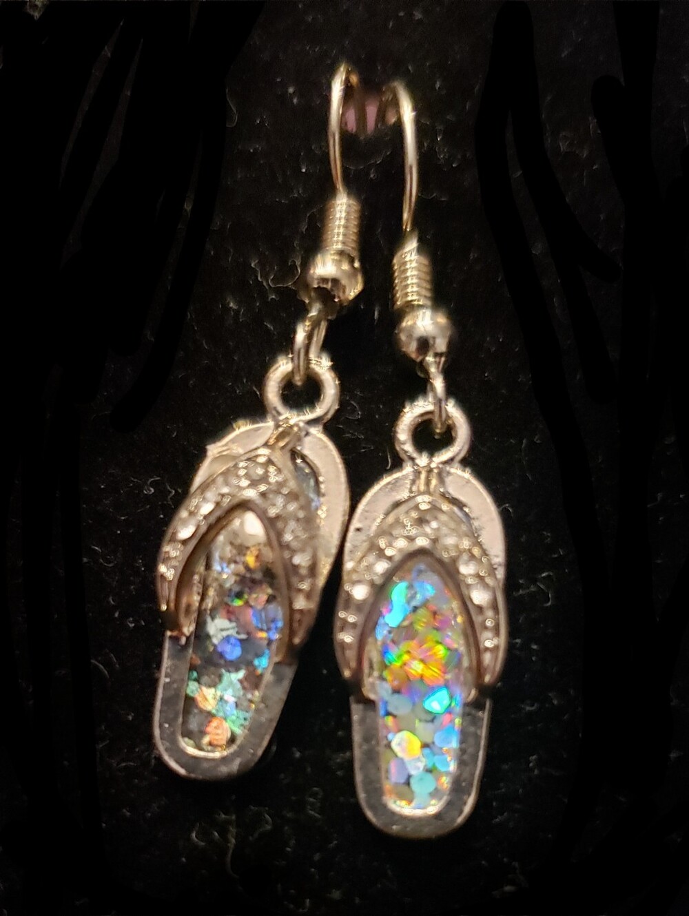 NEW Flip Flop Earrings, Cute Bejeweled Mini Beach Sandals French Wires, Summery! - Picture 3 of 4